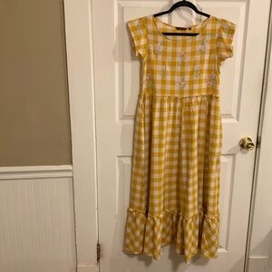 SRISHI Mustard and White Gingham Floral Short Sleeve Cottage Core Maxi Dress